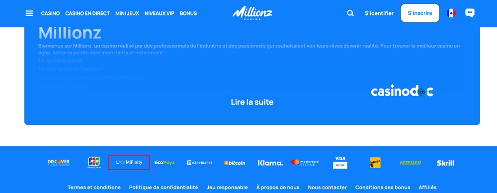 Mifinity sur Millionz Casino