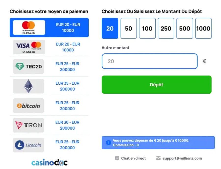 Retrait de 20€ sur Millionz Casino