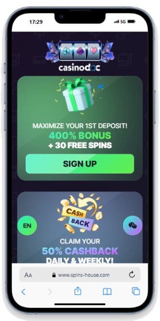 Interface mobile Spins House Casino