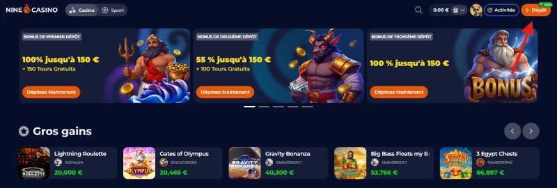 Faire un retrait sur Nine Casino étape 2