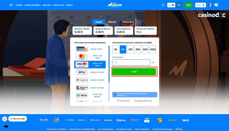validation dépôt payz sur millionz casino