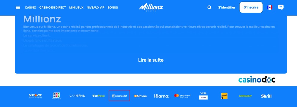 eZeewallet sur Millionz Casino