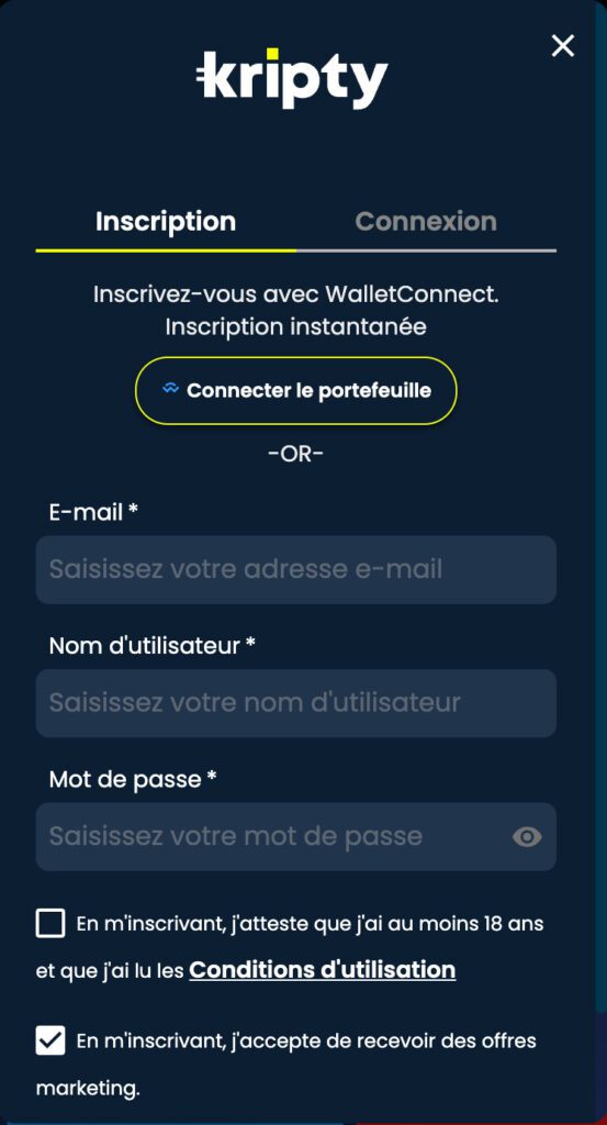 retrait Kripty Casino étape 1
