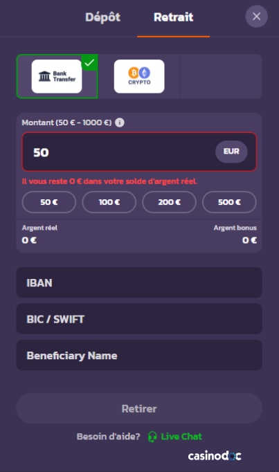 Retrait sur Coolzino Casino