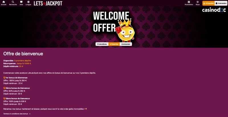 bonus de bienvenue lets jackpot