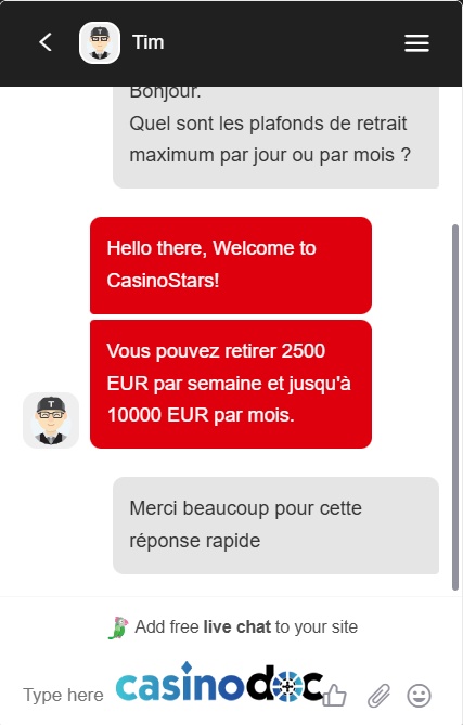 Chat avec le support de Casinostars