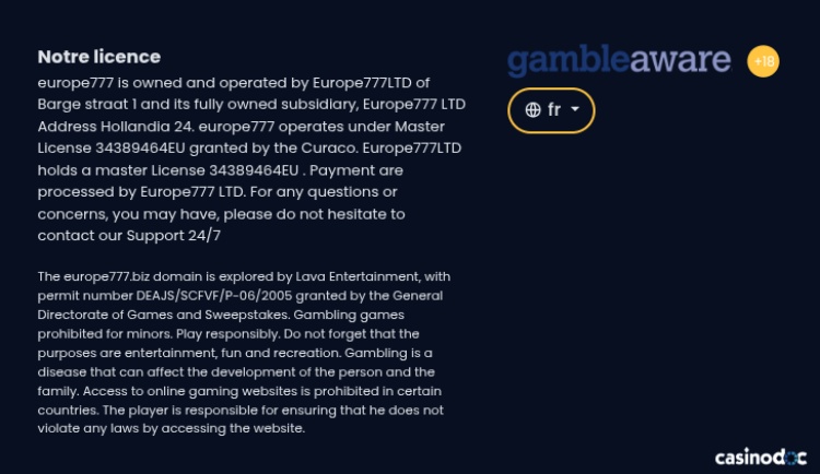 La licence de jeu Europe777