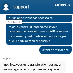 Echange avec le service client pour le programme VIP de Europe 777