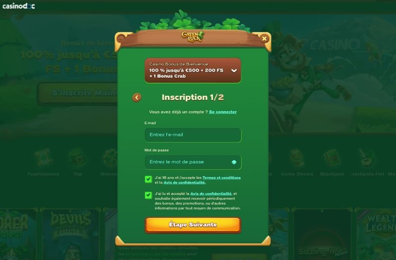 inscription greenluck casino étape 3