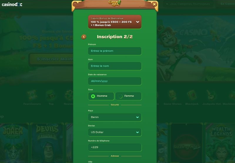 inscription greenluck casino étape 4