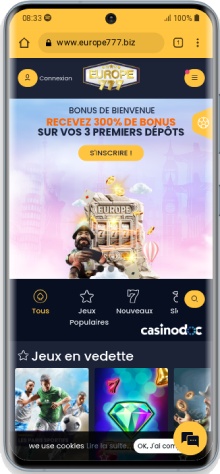 Interface du casino Europe777 sur mobile