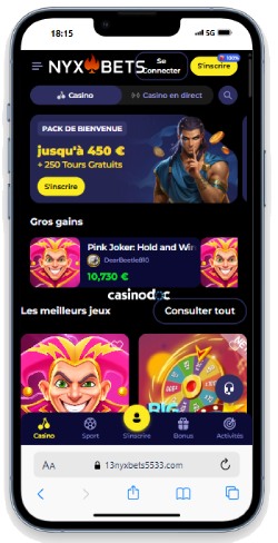 Interface de Nyxbets sur mobile