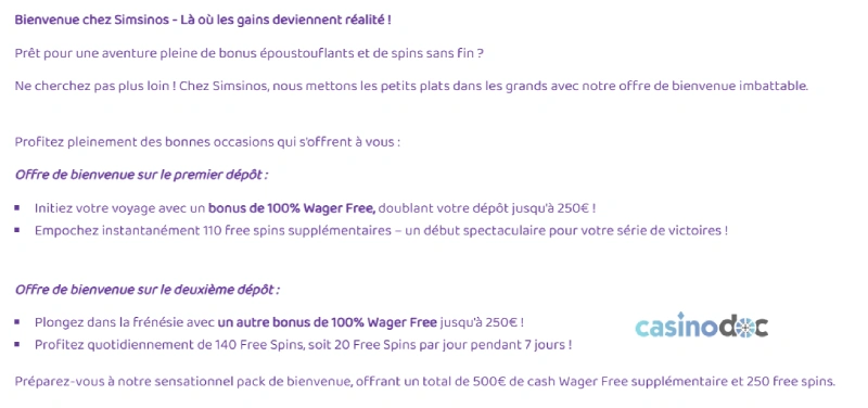 Capture écran des Bonus sur Simsinos Casino