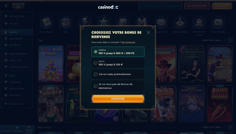 Choisir le bonus de bienvenue sur Monster Casino
