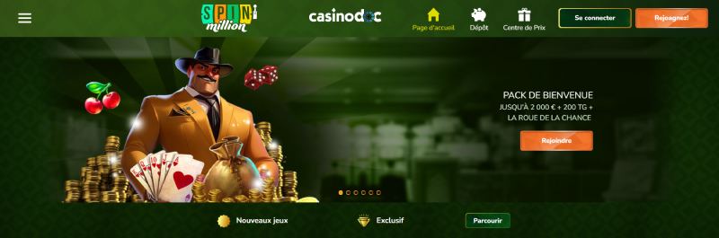 Page d'accueil du casino SpinMillion