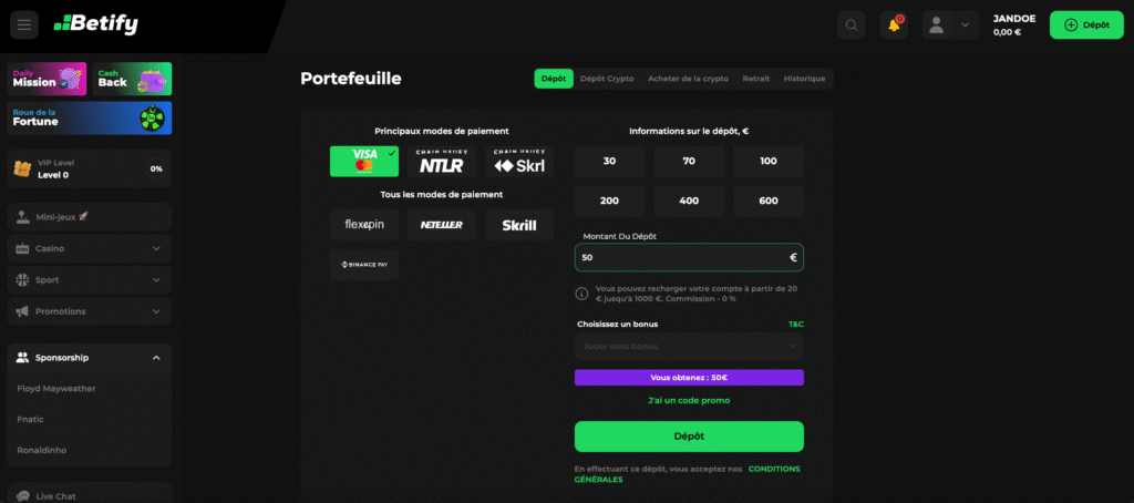 effectuer un dépôt sur betify