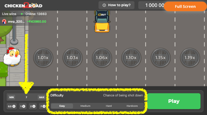 choix mise et niveau de difficulté sur chicken road 2