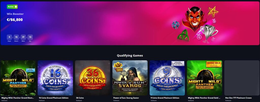 Capture d'écran du tournoi Win Booster avec 6800 € à gagner sur le casino Lucky Elf