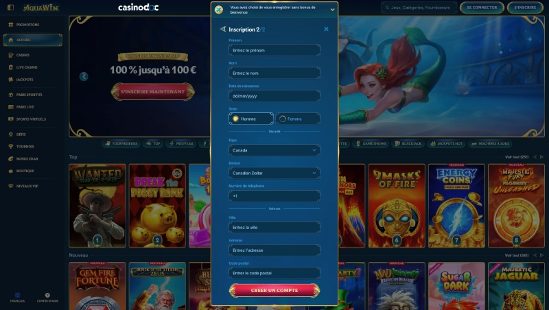 Inscription sur AquaWin Casino étape 5