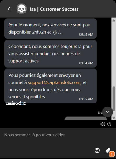 Live chat avec le support client de Captain Slots Casino