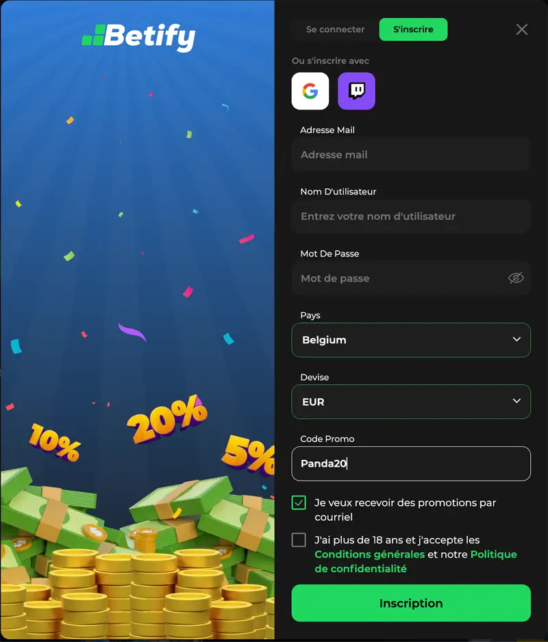 Bonus sans dépôt Betify - capture du formulaire d'inscription 