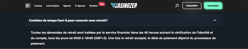 Délais et retraits Casinozer - traitements des retraits de ce casino en ligne