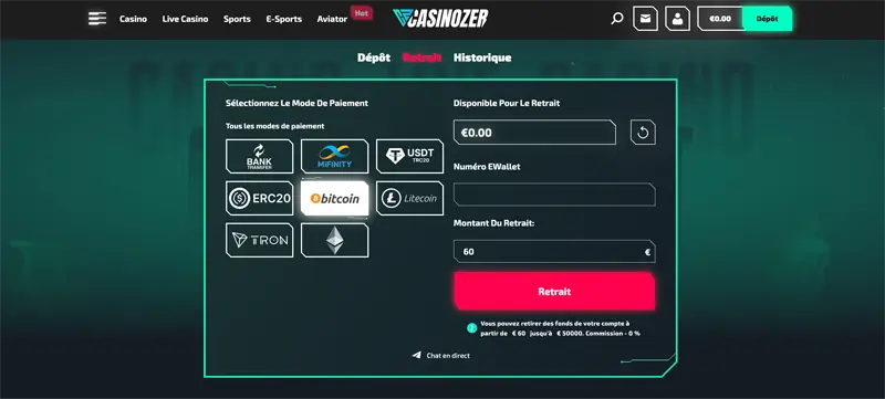 Retrait Casinozer - interface de ce casino en ligne