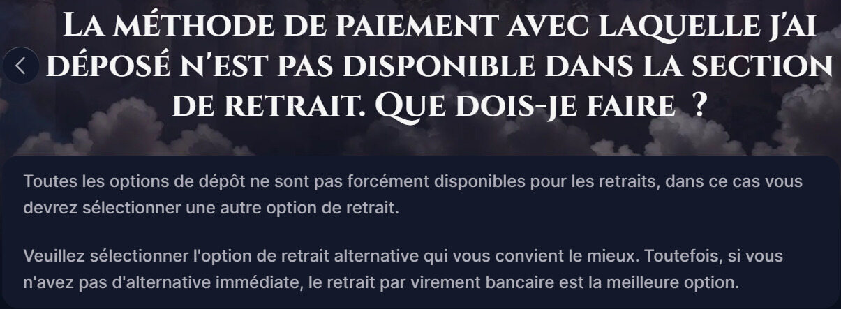 Capture d'écran des conditions de retrait d'un casino en ligne