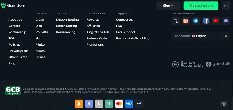 Casino crypto Gamdom régulé - capture de la licence Curaçao visible sur le site 