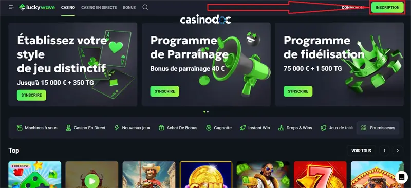 Cliquer sur inscription Lucky Wave