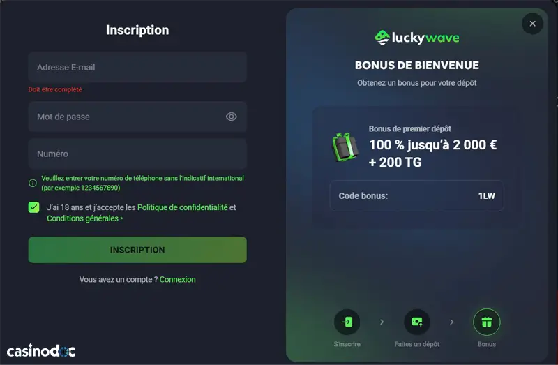 Remplir le formulaire d'inscription Lucky Wave