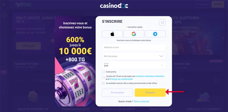 terminer l'inscription et activer le compte igobet