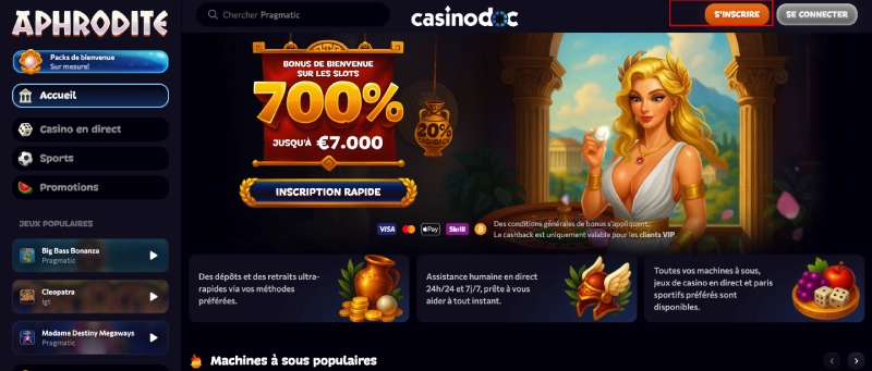 Inscription sur Aphrodite Casino étape 2