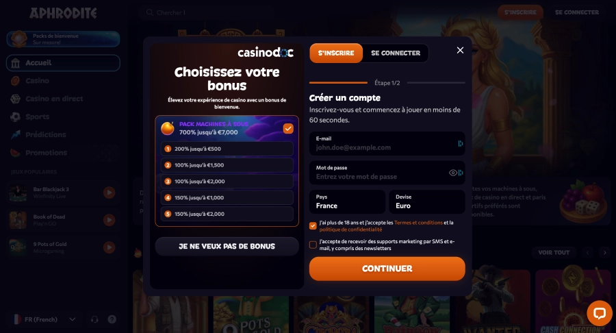 inscription étape3 aphrodite casino