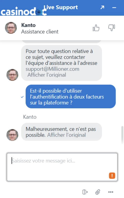 assistance client sur millioner casino