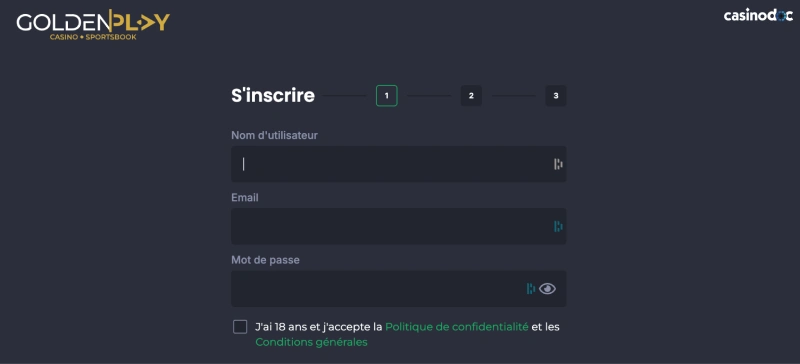 Capture d'écran du formulaire d'inscription sur GoldenPlay
