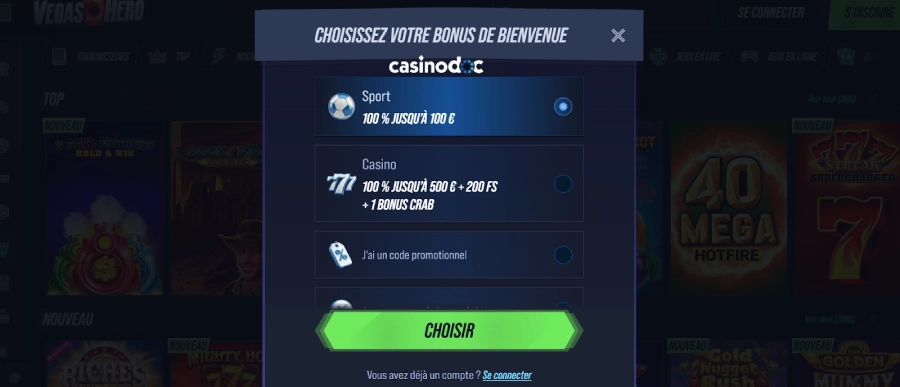 Inscription Vegas Hero étape2