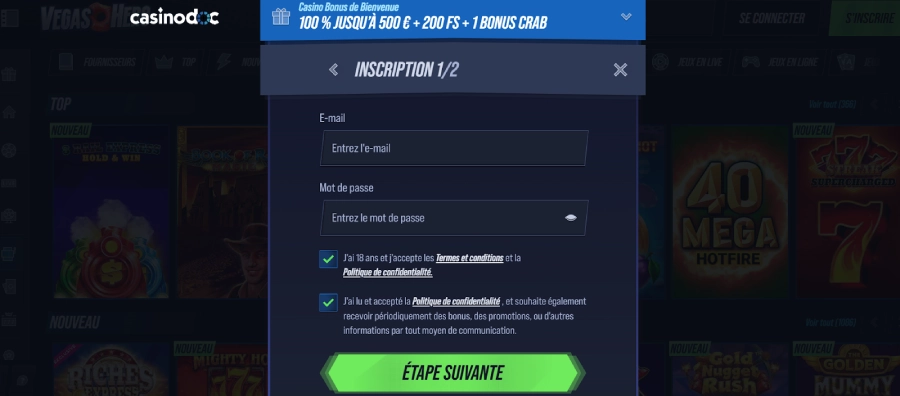 Inscription Vegas Hero étape3