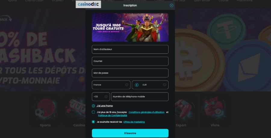 Inscription sur Cosmobet étape2