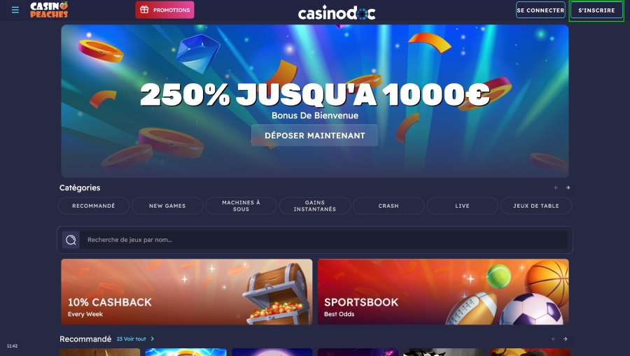 Inscription sur Peaches Casino étape1
