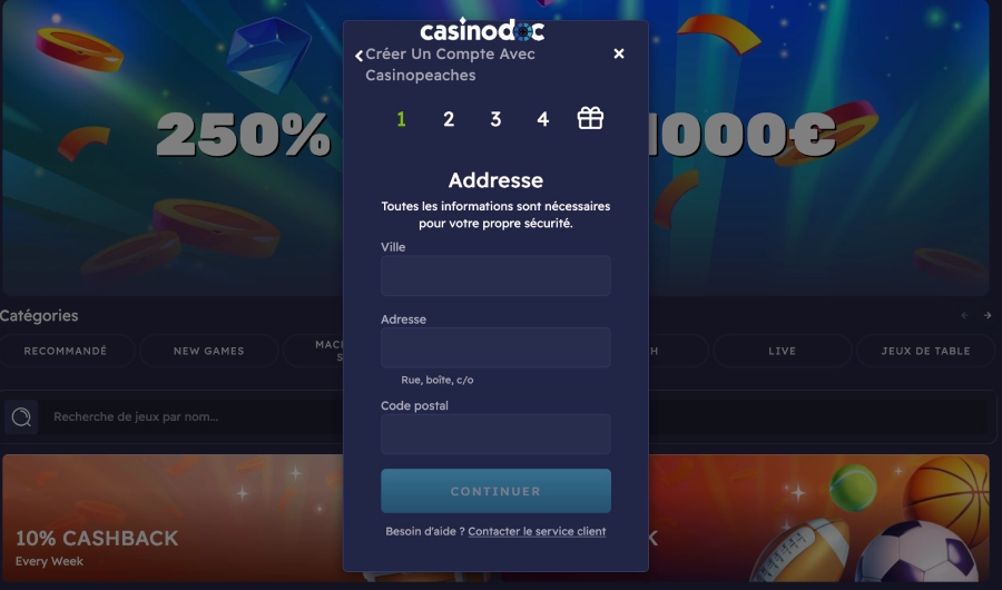 Inscription sur Peaches Casino étape3