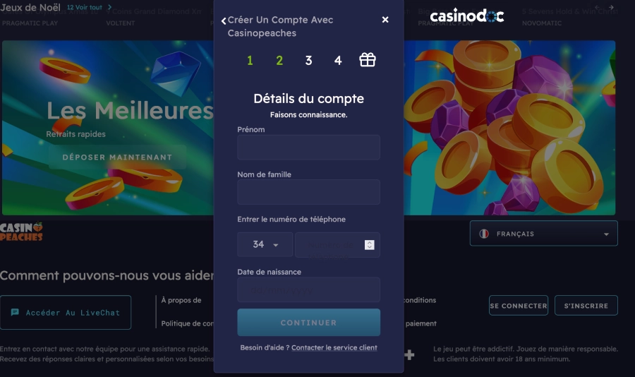 Inscription sur Peaches casino étape4