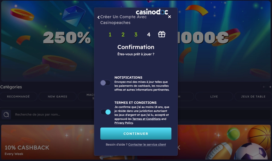 Inscription sur Peaches casino étape5