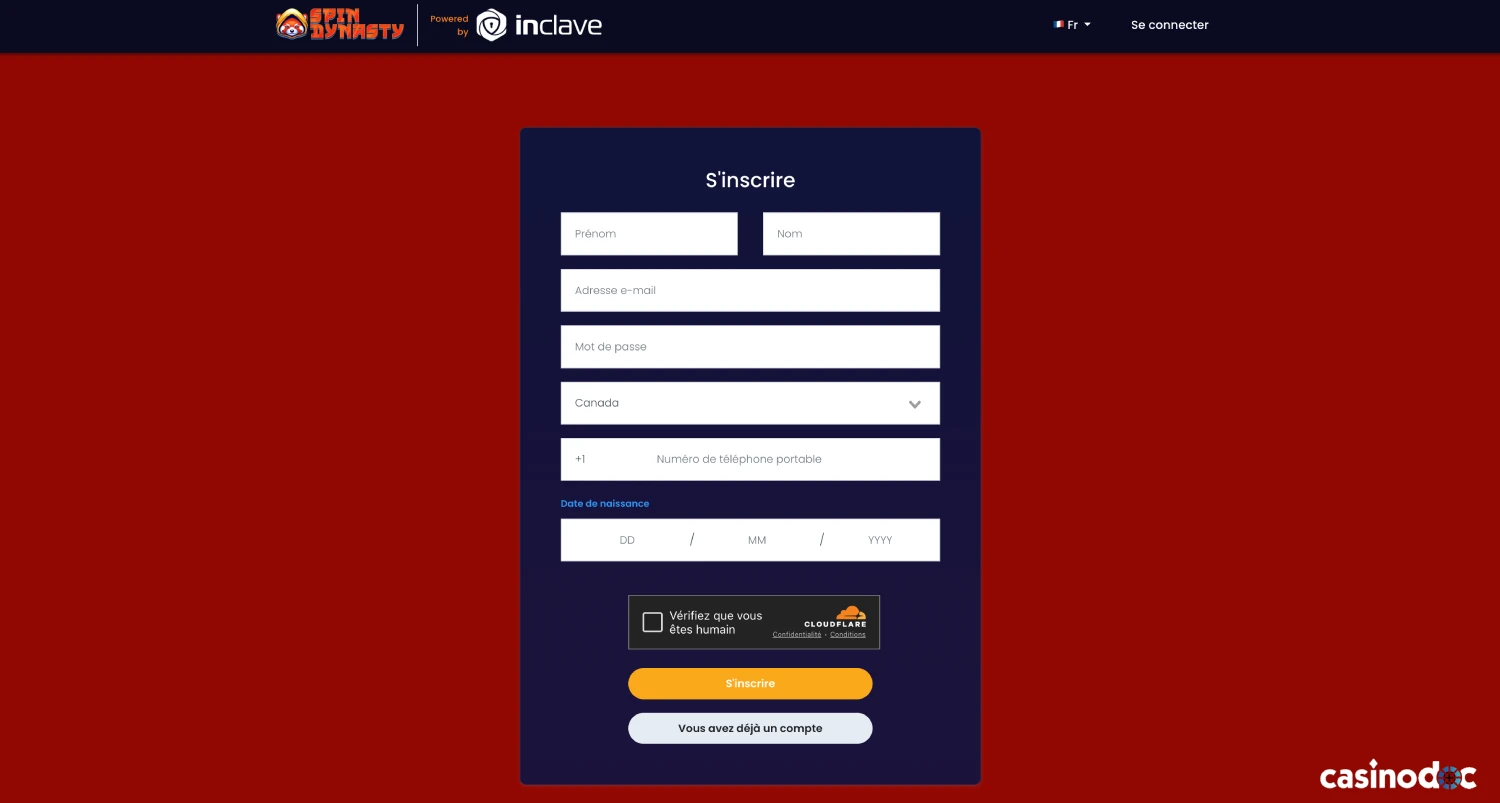Inscription Spin Dynasty étape 2 : formulaire Inclave