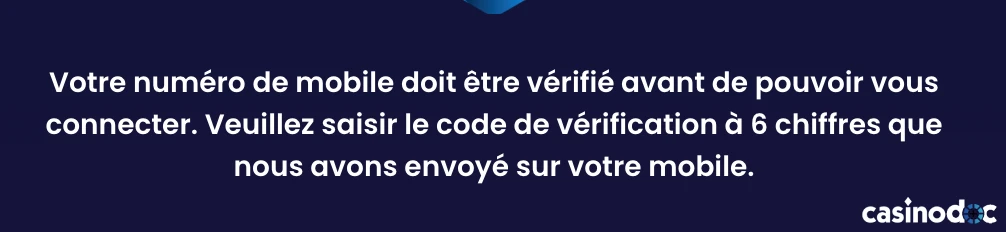 Inscription Spin Dynasty étape 4 : vérification téléphone par SMS