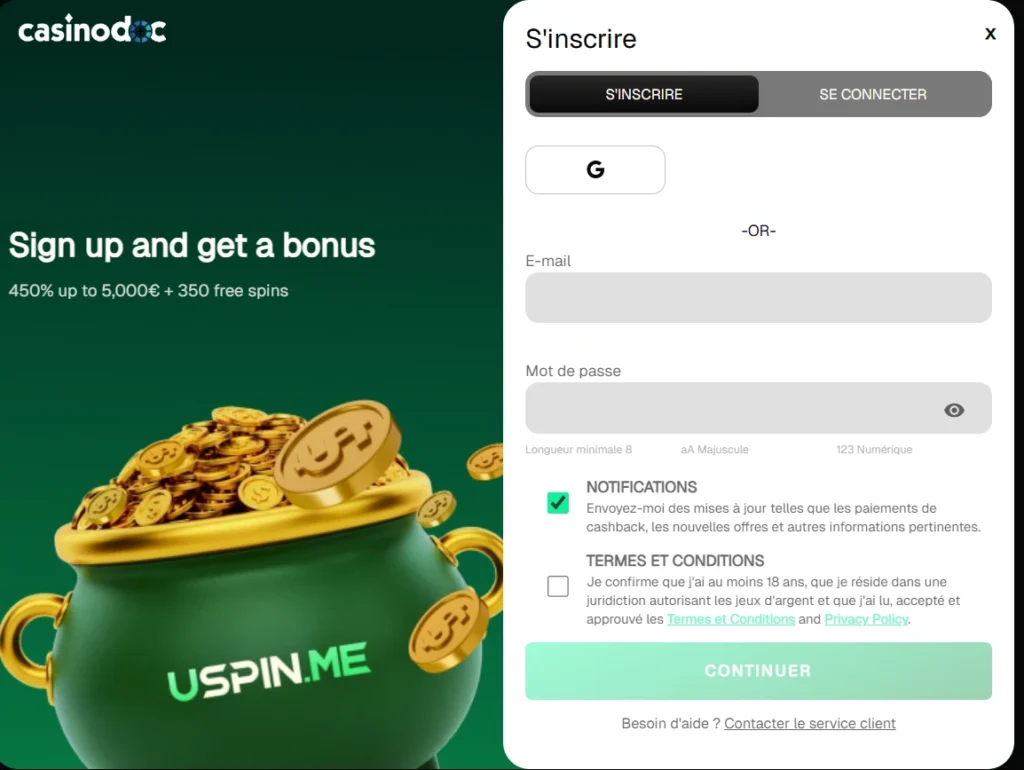 inscription uspin casino étape 3