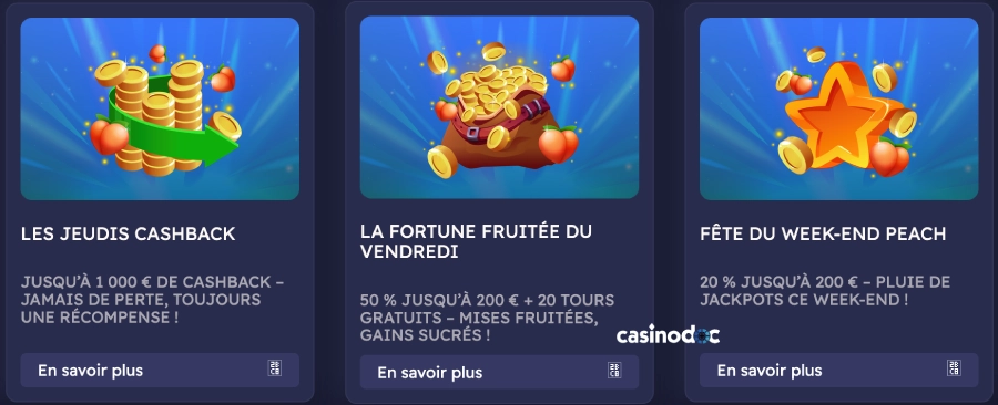 les autres promotions sur Peaches Casino