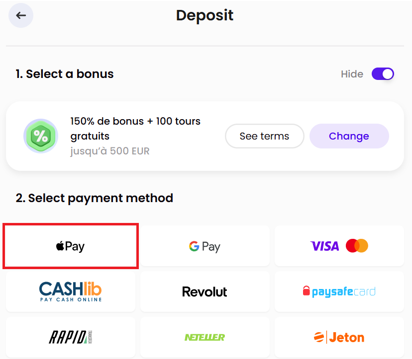 procédure de dépôt avec apple pay