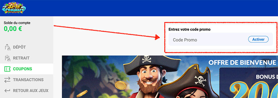 activer votre code promo lucky treasure