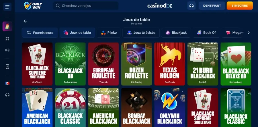 capture d'écran jeux de table OnlyWin Casino